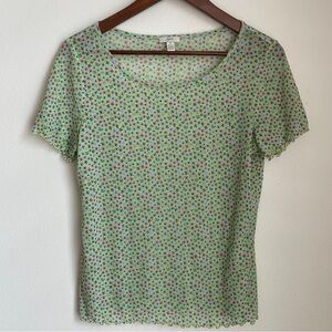 J. Jill Green Floral Baby Tee Size Medium Lettuce Hem Sheer Coquette